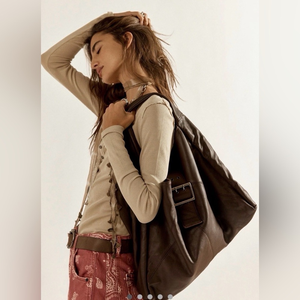 Free People Shoreditch Shoulder Bag Buckle Leather Oversize Brown